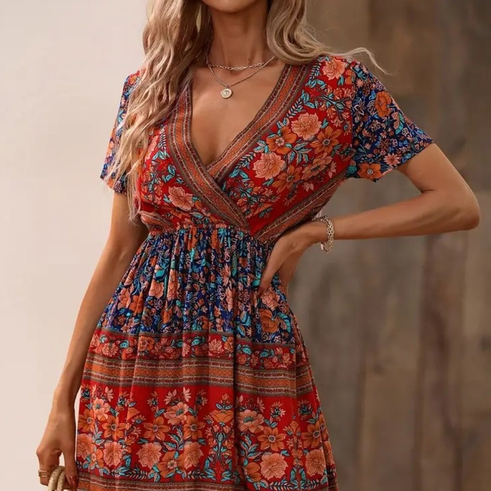 Womens Red Blue Bohemian, Boho Floral Print Short Dress -  NEW - NWOT